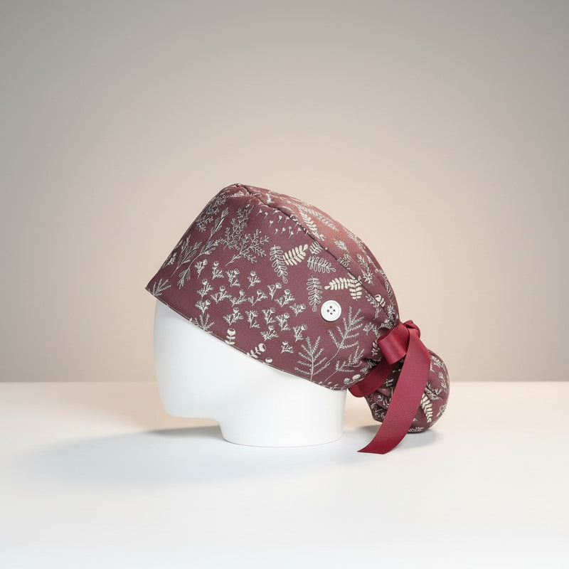 Wine Floral Ponytail Scrub Cap