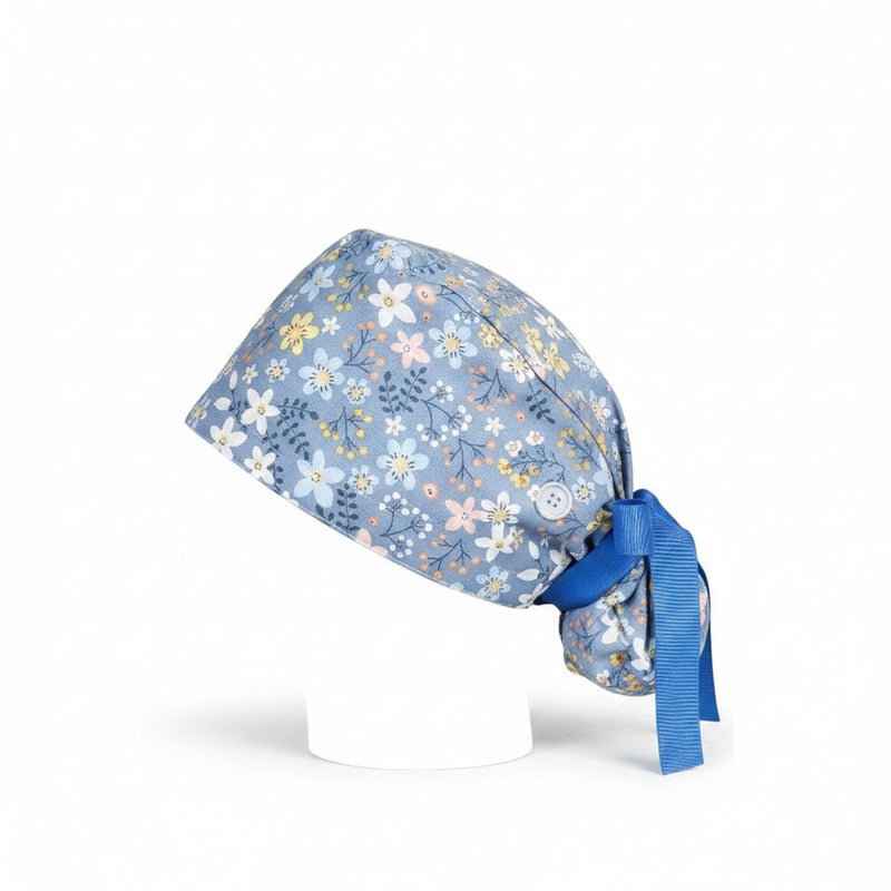Blue Flowers Ponytail Scrub Cap