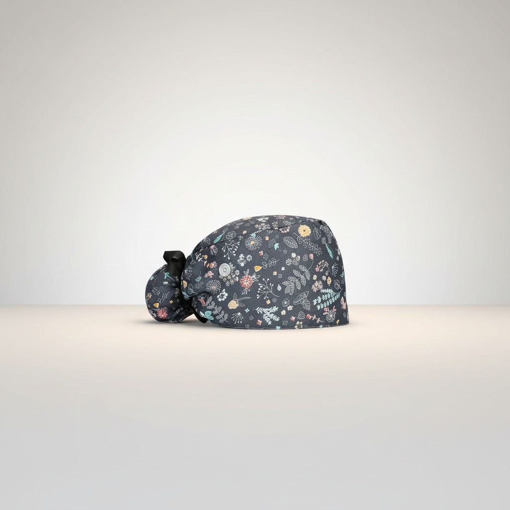 Midnight Floral Ponytail Scrub Cap