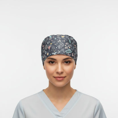 Midnight Floral Ponytail Scrub Cap