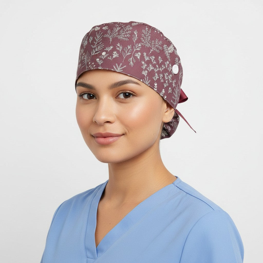 Wine Floral Ponytail Scrub Cap