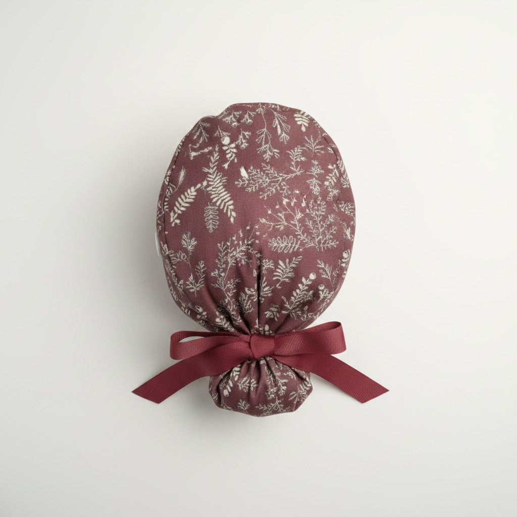 Wine Floral Ponytail Scrub Cap