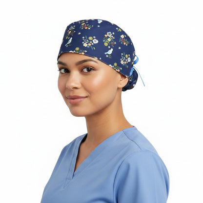 Navy Birds Ponytail Scrub Cap