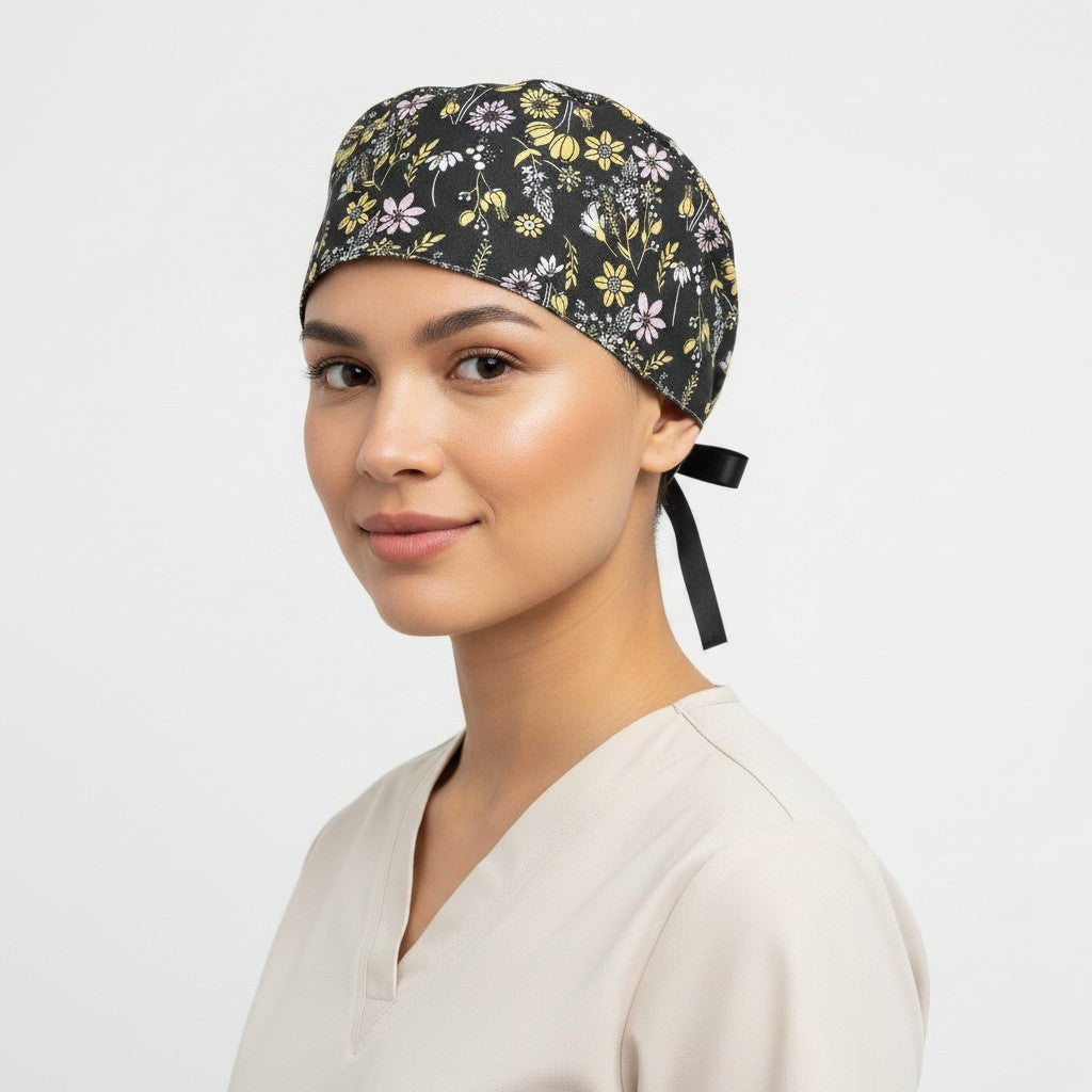 Black Garden Ponytail Scrub Cap