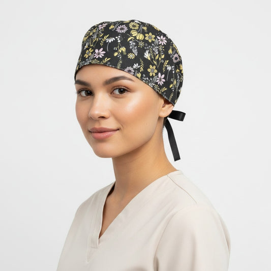 Black Garden Ponytail Scrub Cap