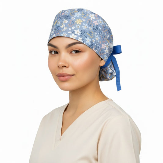 Blue Flowers Ponytail Scrub Cap